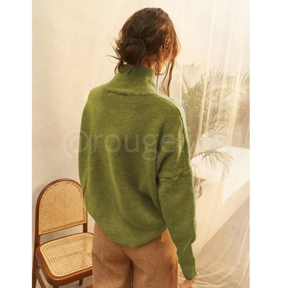 Olive Green Knit Turtleneck Pullover Sweater Long Sleeve Drop Shoulder - Picture 5 of 17